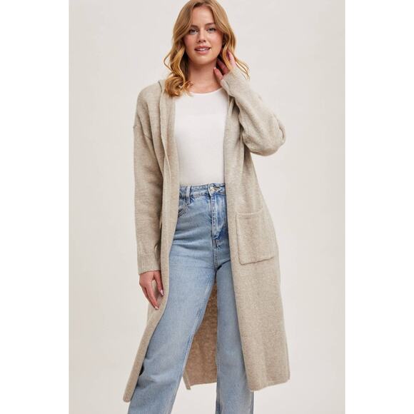 Bluivy Sweaters - Longline Hoodie Drape Open Front Cardigan Coatigan Oatmeal